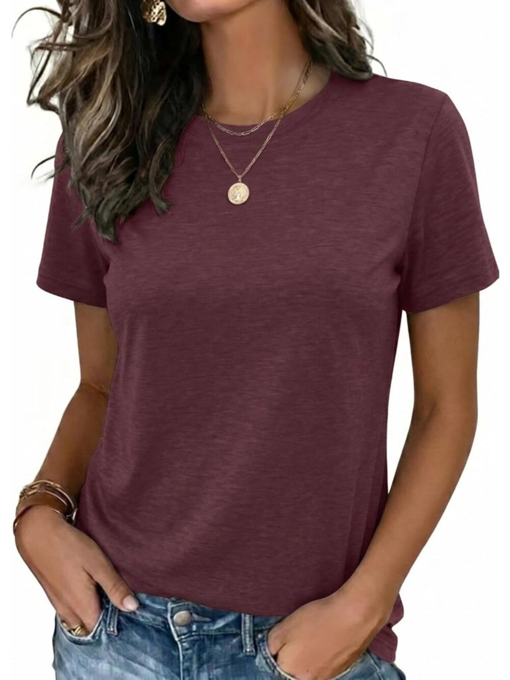 Women's Dark Red Short Sleeve Crew neck Casual Basic Imported Tee Shirts